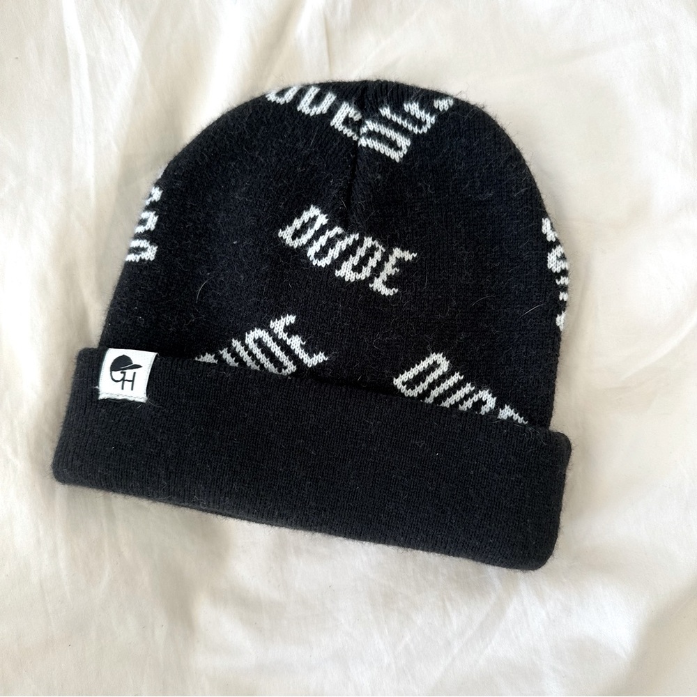 Kids Black George Hats Beanie with “DUDE” text